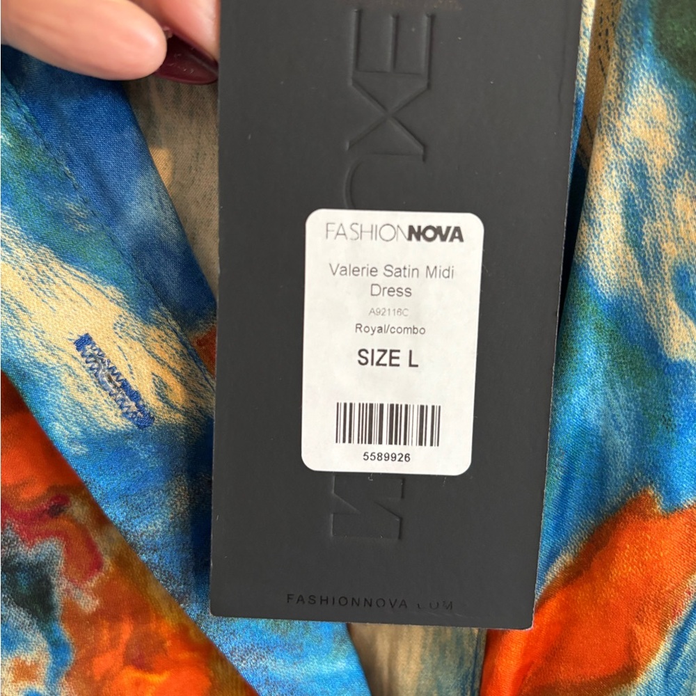 Fashion Nova Satin Midi Dress - Blue and Orange with pockets - Picture 3 of 9